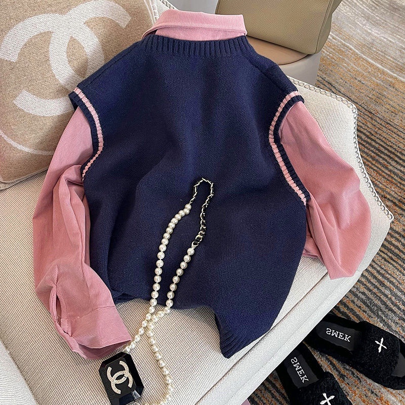 Bộ Áo Sơ Mi Dài Tay Phối Ren + Áo Khoác Ghi Lê Phong Cách Hàn Quốc Thời Trang Cho Nữ