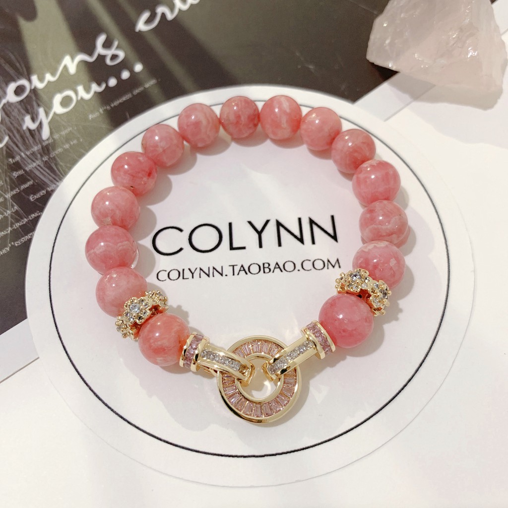 Vòng phong thủy đá đào hoa Rhodochrosite phối vàng 14k