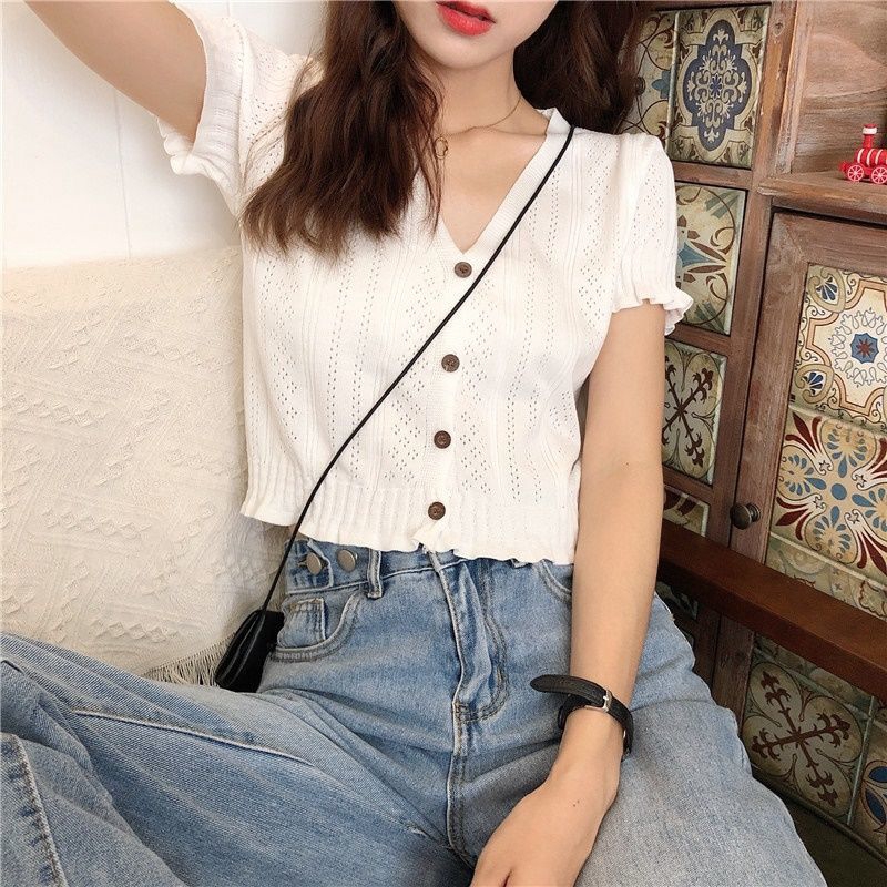 Kiểu dáng Jenny Hàn Quốc Cổ chữ V cài cúc áo crop top dệt kim mỏng vừa vặn