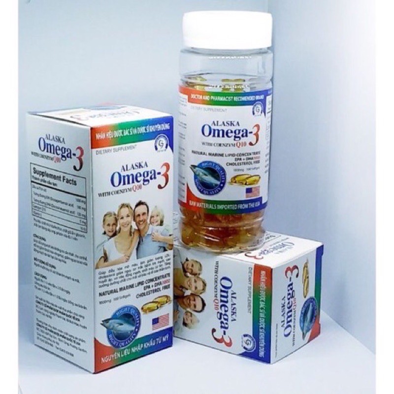 Dầu cá Alaska omega 3 with coenzym Q10 hộp màu trắng gia đình Hộp 100 viên