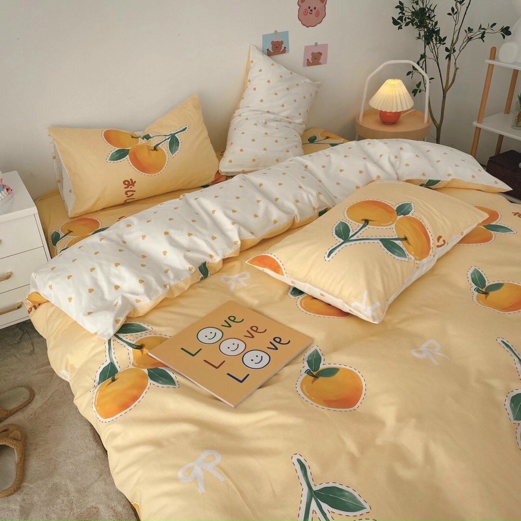 Bộ TRÁI CAM HÀN QUỐC set chăn ga gối COTTON LIVING 100%