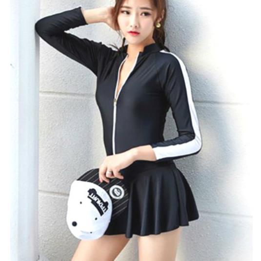 Đồ Bơi Dài Tay Chống Nắng Che Bụng, Bikini Áo Tắm Liền Váy 1 Mảnh Phối Cánh Tay Viền Trắng Bản To Hàn Quốc Cực Đẹp VN