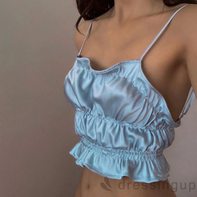 DRESSINGUP-Áo Croptop Hai Dây Nhún Bèo Quyến Rũ Cho Nữ