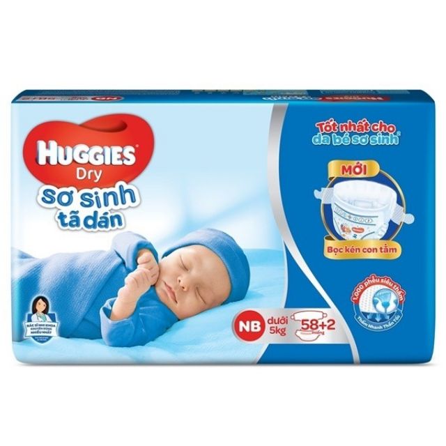 (Có hàng quà tặng) Tã dán sơ sinh Huggies size Newborn 58+2 và S 56 miếng,newborn 74 miếng