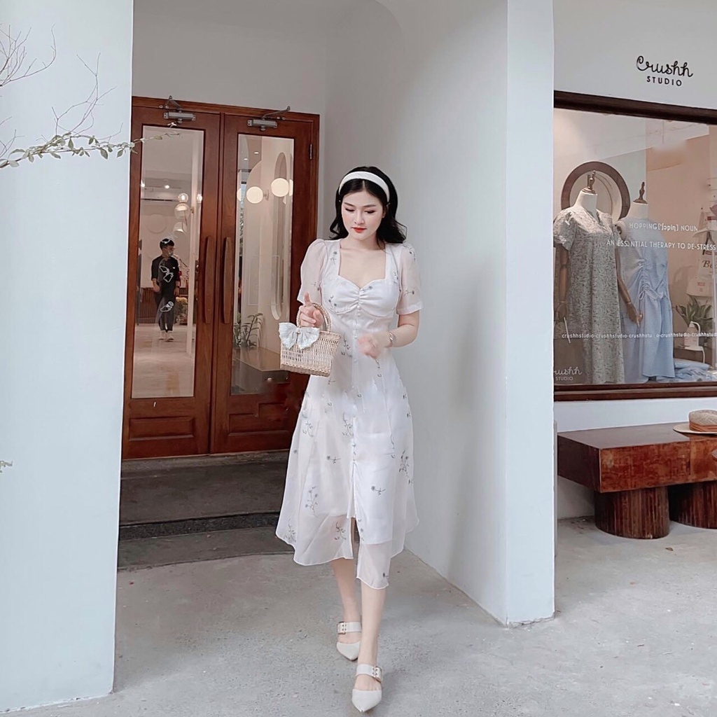 ✨BÁN SỈ✨Đầm voan trắng hoa xanh 2 lớp nhún ngực 2 lớp