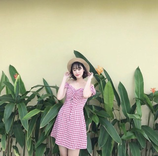 Đầm caro tay phồng