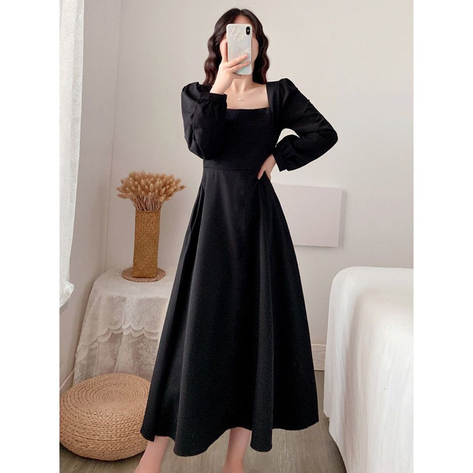 Black dress women's long sleeve new ins skirt temperament square collar knee length Hepburn style small black skirt