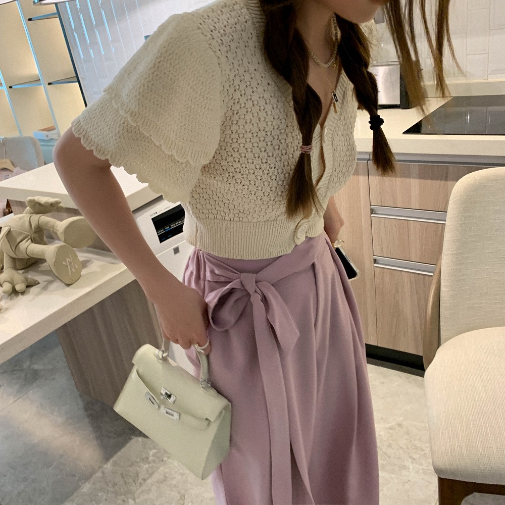 Áo cardigan ZHELIHANGFEI dệt kim tay ngắn cổ chữ V dáng rộng lưng cao thời trang dành cho nữ