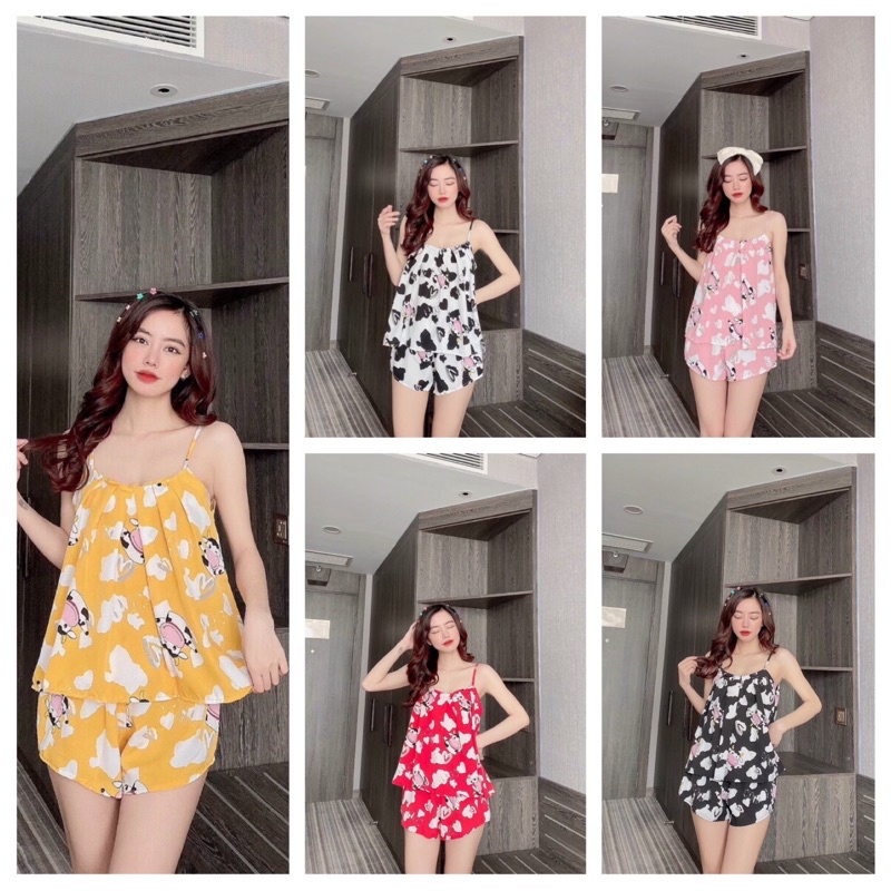 Đồ bộ áo hai dây quần cộc sexy -Đồ ngủ sexy lụa mềm mượt dưới 55 kg siêu xinh
