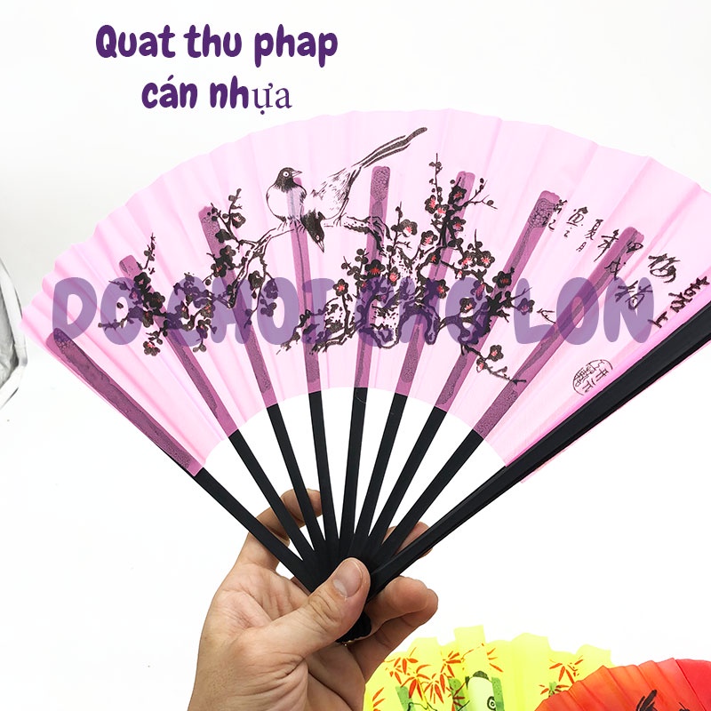 Quạt vải xếp chữ thư pháp quạt cầm tay bằng vải nan tre nhiều màu