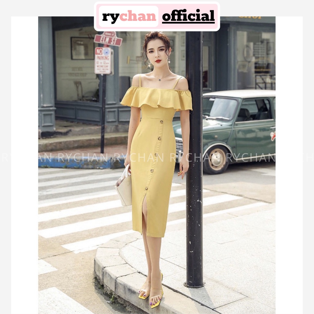 [ẢNH THẬT CUỐI] Đầm Xòe Vàng Trễ Vai Hai Dây Xẻ Trước - DX942
