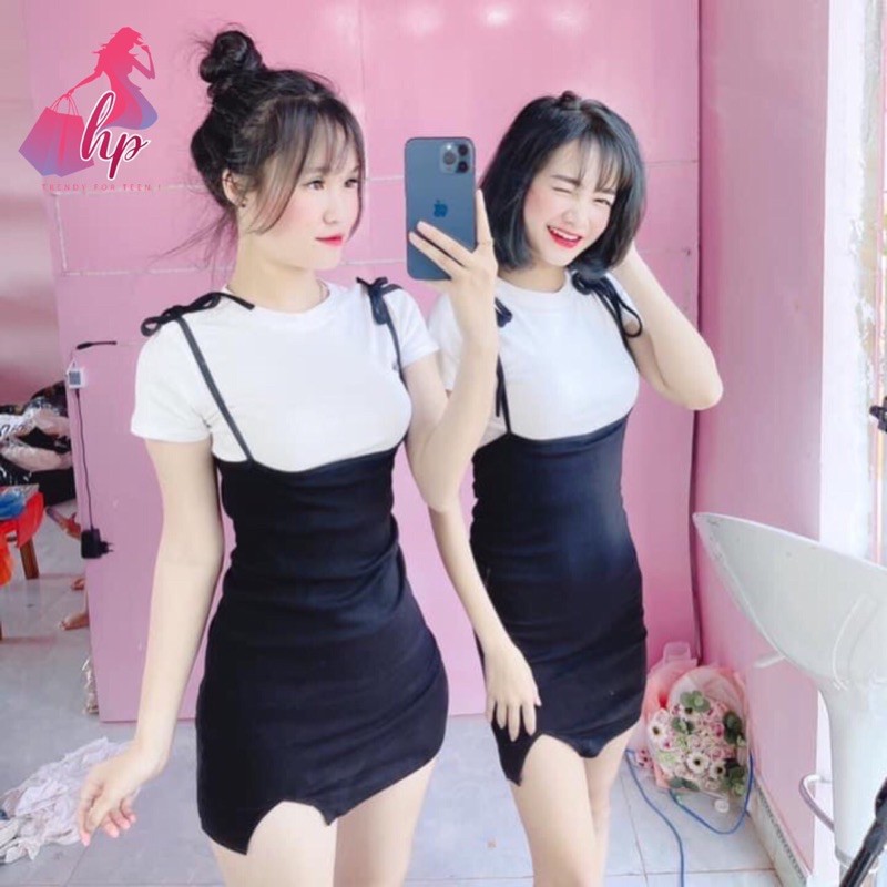 Set váy yếm cột nơ kèm áo thun ngắn tay ôm body mẫu mới 2021 | BigBuy360 - bigbuy360.vn