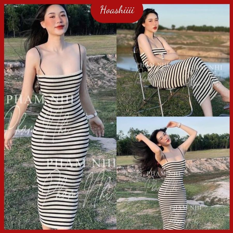 Váy hai dây Len tăm Body Đầm Maxi Dài Sexy 2 Dây Dáng Ôm Nhún Eo Màu kẻ đen sẵn siêu xinh
