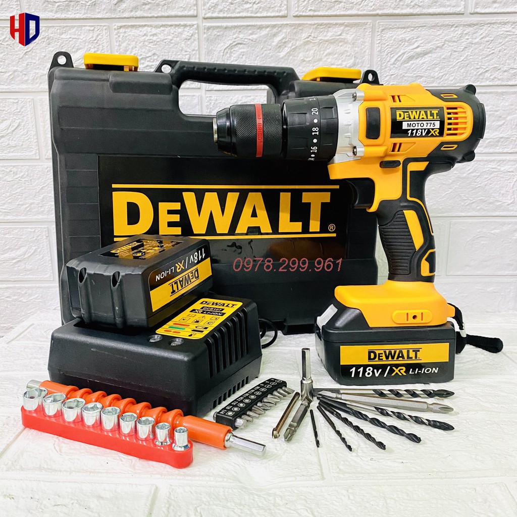Máy Khoan Pin DE.WALT 118V Động Cơ 775, 3 Chức Năng + Tặng Bộ Phụ Kiện Vặn Mở 21 Chi Tiết