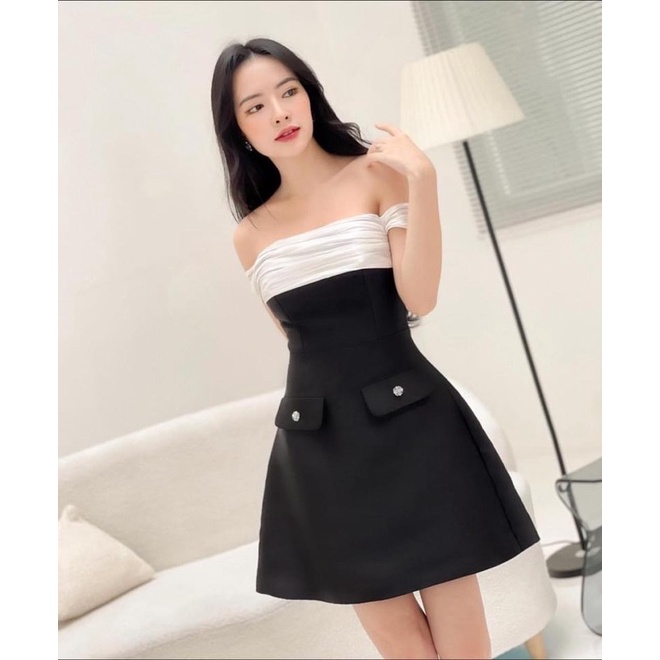 Đầm dự tiệc trễ vai phối voan xịn