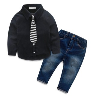 \Đen + đỏ Kid Gentleman Boy Cà Vạt Áo Sơ Mi + Denim Quần Đảng Wedding Trang Phục Chính Thức Phù Hợp Với