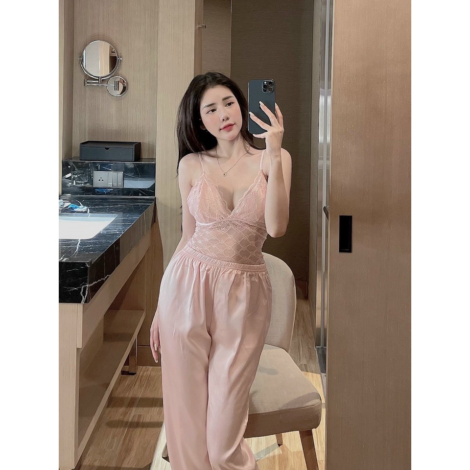 Đồ bộ mặc nhà, đồ ngủ nữ lụa satin, set 3 món kèm áo choàng, mút ngực