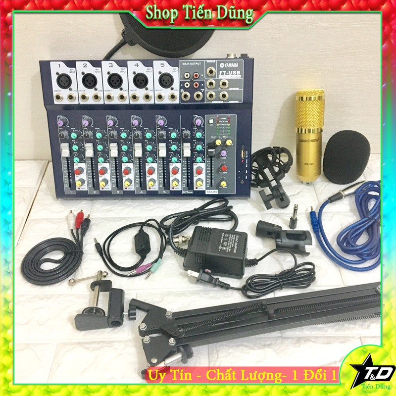 Mic thu âm BM900 đi Mixer f7 chân đế màng lọc dây livestream chế kèm dây 1 ra 2 và zắc 3.5 lên 6.5