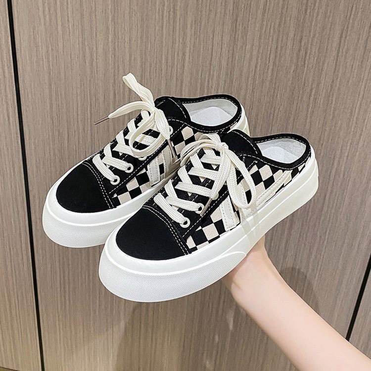 Giày sục thể thao nữ vải canvas sọc caro đế cao giày lười đạp gót FLOWER S05 - nguyentrang239