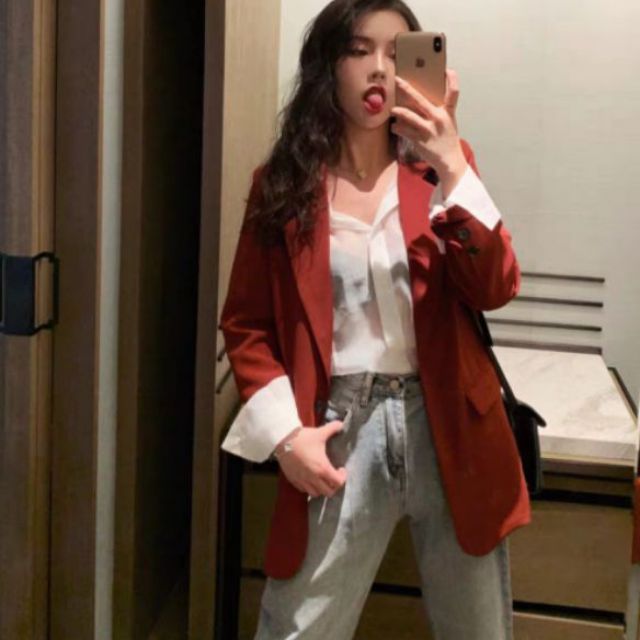 Ảnh thật 5 hình cuối-Áo blazer đỏ phiên bản Hàn Quốc chanh xả