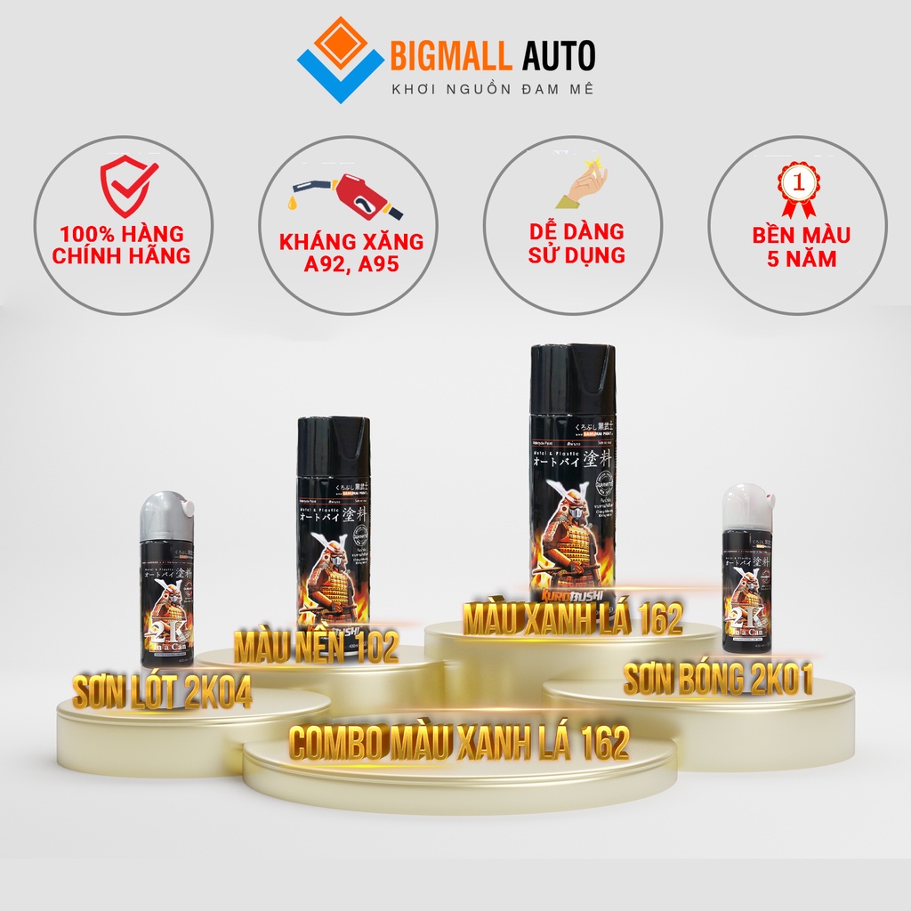 Combo Sơn Samurai màu xanh lá 162 loại 2K chuẩn quy trình độ bền 5 năm gồm 2K04 - 102 - 165 - 2K01
