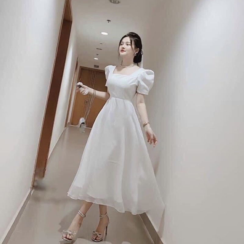 Đầm váy trắng đi tiệc cổ vuông sang chảnh form dài nơ sau