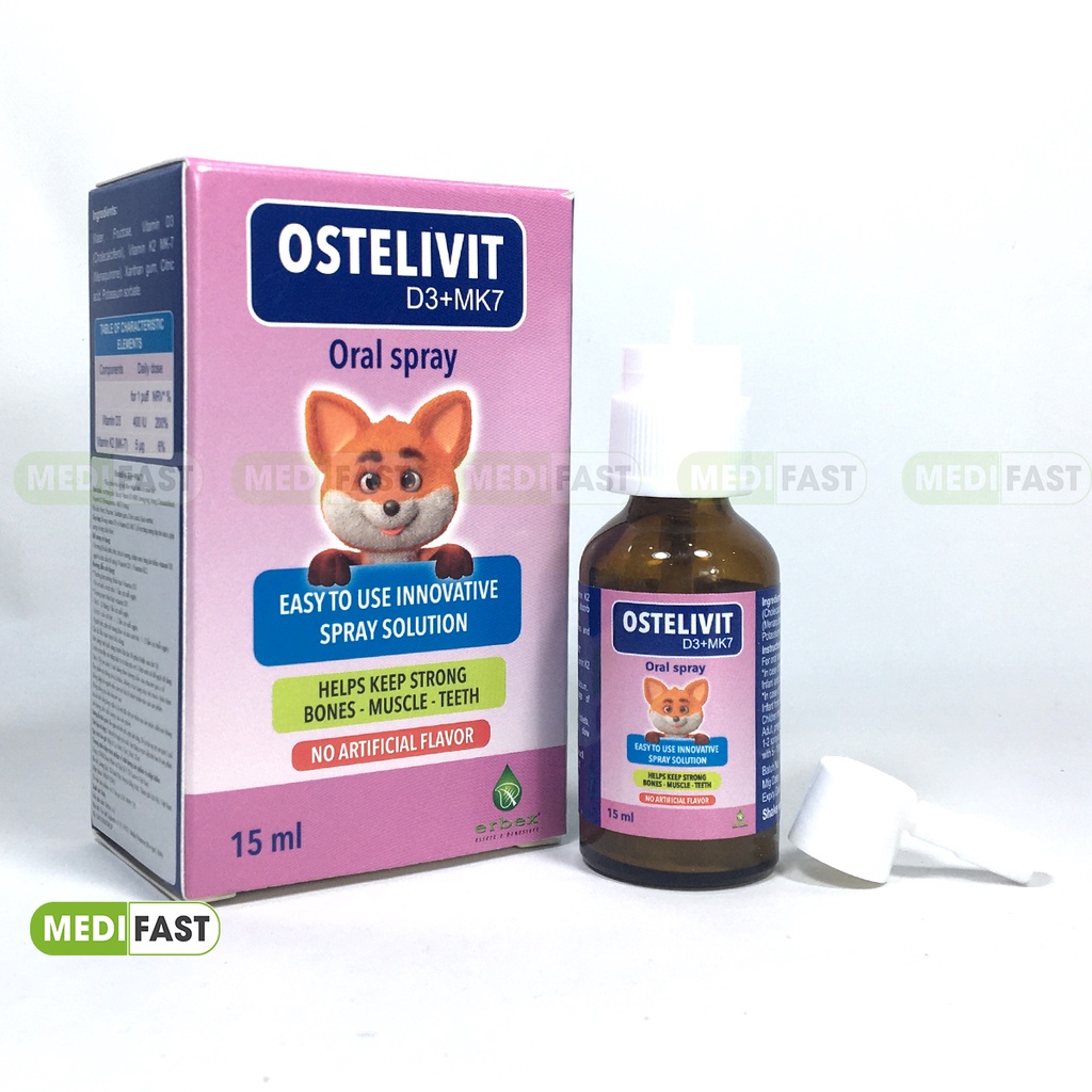 Bổ sung vitamin D3, K2 - Ostelivit D3+MK7 - giúp bé tăng cường hấp thu canxi, xương răng chắc khỏe - Lọ 15 ml từ Ý