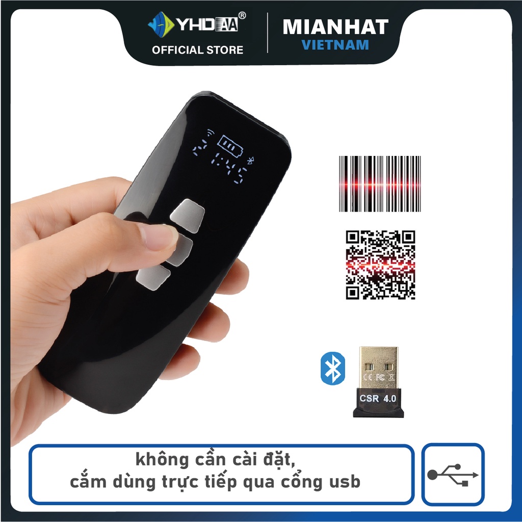 Máy quét mã vạch Qrcode Mini YHD 3200DB 2D, Đầu đọc mã QR kết nối Bluetooth/ 2.4G dùng trên Điện thoại, PC