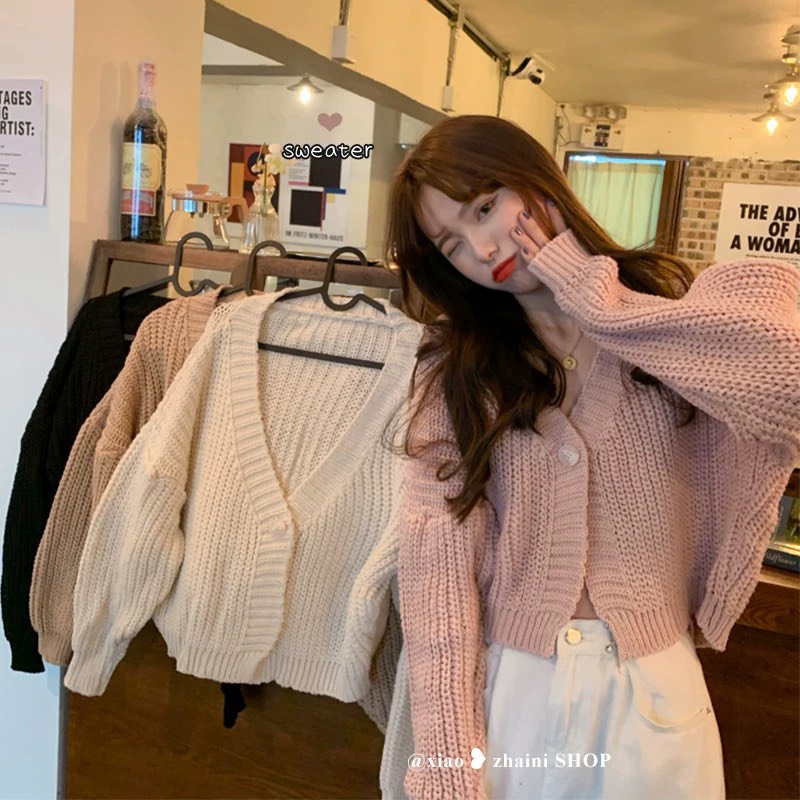 Áo khoác, áo Cardigan tay dài, 1 cúc, form rộng, dáng hơi ngắn croptop, chất len thừng hàng Quảng châu loại 1