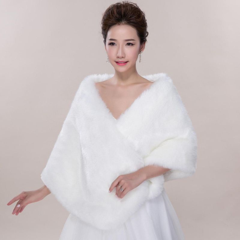 AUTU Áo choàng lông dày trễ vai màu trắng trang trọng cỡ lớn mùa đông cho cô dâu tiệc cưới