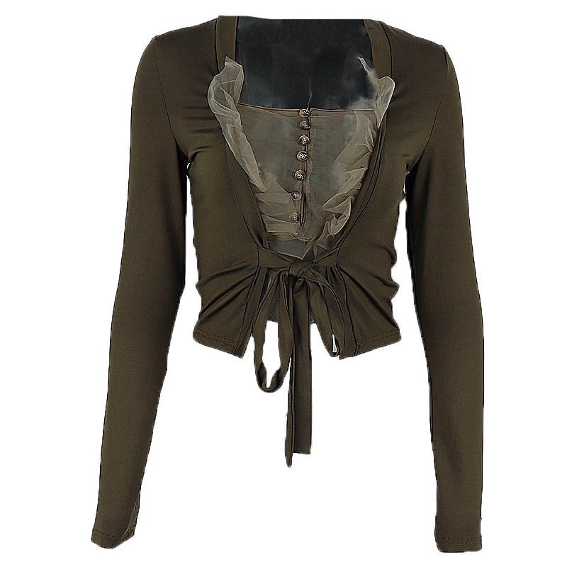 Áo Sơ Mi Tay Dài Thắt Nơ Ruy Băng Phối Lưới Có Khóa Cài Quyến Rũ Dành Cho Nữ