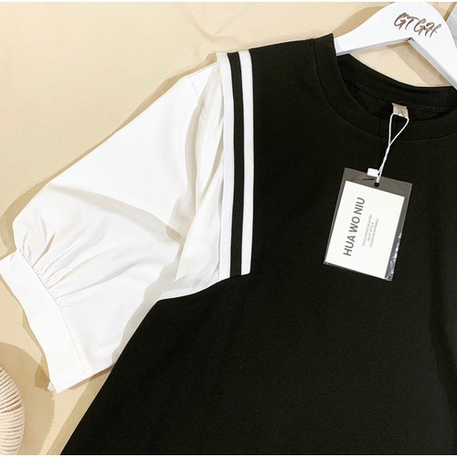 Váy bầu thiết kế dáng xuông phối tay trắng