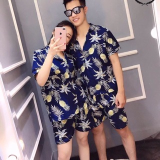 🏖️🎀🏞️Bộ đi biển cho nam và nữ  chất lanh mềm mẫu QUẢ DỨA XANH THAN