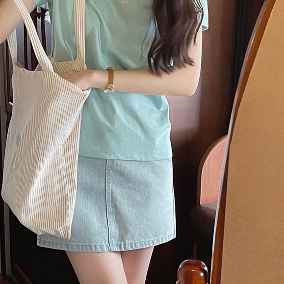 Chân váy jean SUXI chữ A lưng cao thêu hoa thời trang mùa hè cho nữ