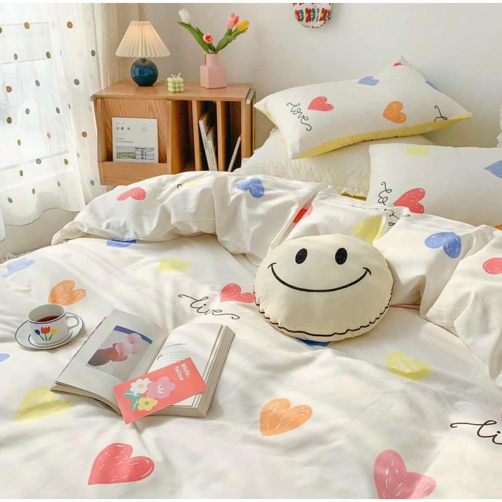 BỘ GA GỐI VỎ CHĂN COTTON POLY NHẬP KHẨU HOẠT TIẾT TRÁI TIM - ĐỦ KÍCH THƯỚC