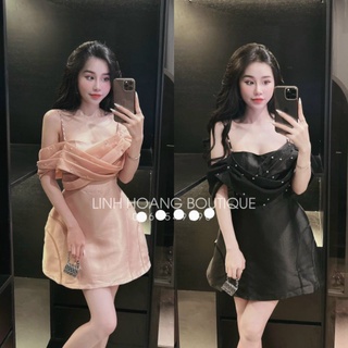 Đầm nữ dự tiệc đính đá trễ vai sang trọng, váy xòe tiểu thư dễ thương