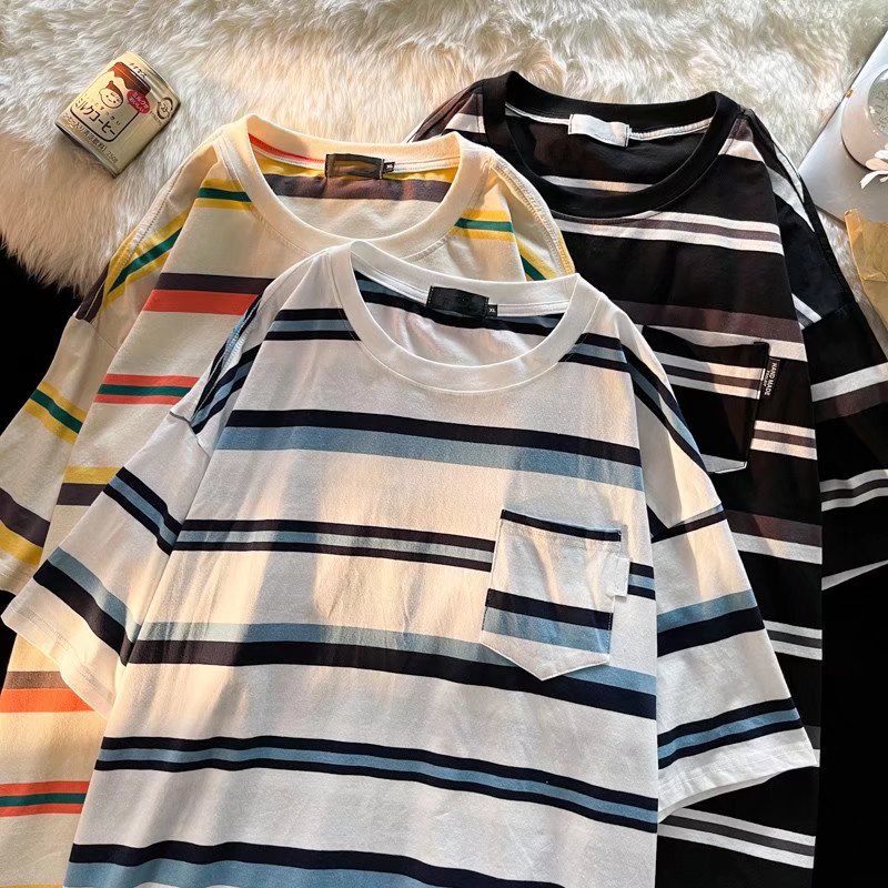 Áo Thun Tay Ngắn Dáng Rộng Họa Tiết Kẻ Sọc Phong Cách Hip Hop Đường Phố Hàn Quốc Thời Trang Mùa Hè Cho Nam Cỡ Lớn M-2XL