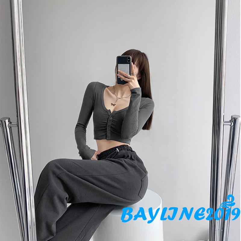 Áo croptop tay dài cổ chữ v màu sắc thời trang cho nữ