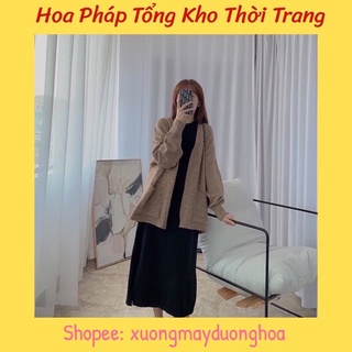 Sét váy len tăm sát nách phối áo khoác len cardigan dáng dài