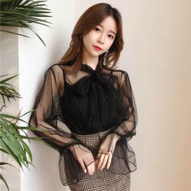 Áo Lưới Thắt Nơ Tiểu Thư (kèm Áo 2 Dây Trong) - Ảnh Thật Cuối