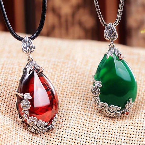 Vòng cổ mặt đá mã não tự nhiên màu vàng/xanh lá phong cách vintage Thái Lan dành cho nữ