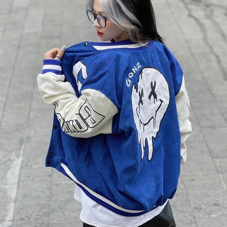 Áo khoác bomber jacket Varsity Nhung Tăm 2 lớp FF Blue Form rộng unisex. áo khoác vasity jacker gonz, bóng chày