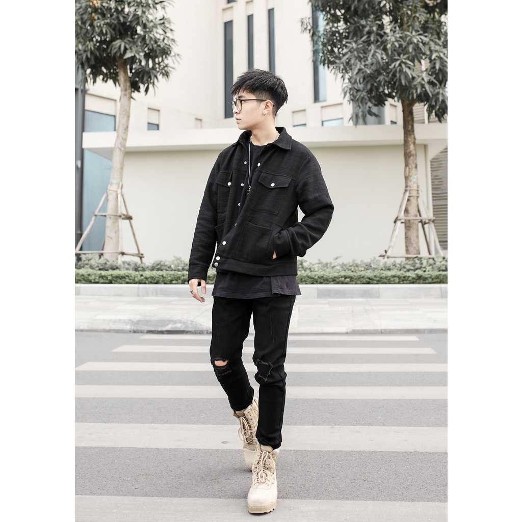 Quần Jeans Nam Snazzy Vải Bò Denim Màu Đen Rách Gối Co Giãn Form Slimfit Distress Black