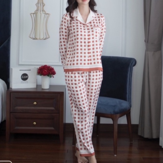 Bộ đồ ngủ satin ZAM Luxury - DTA48 - Áo dài tay quần dài hoạ tiết