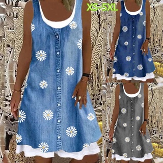 Váy in hoa Denim giả hai mảnh cổ tròn không tay cỡ lớn
