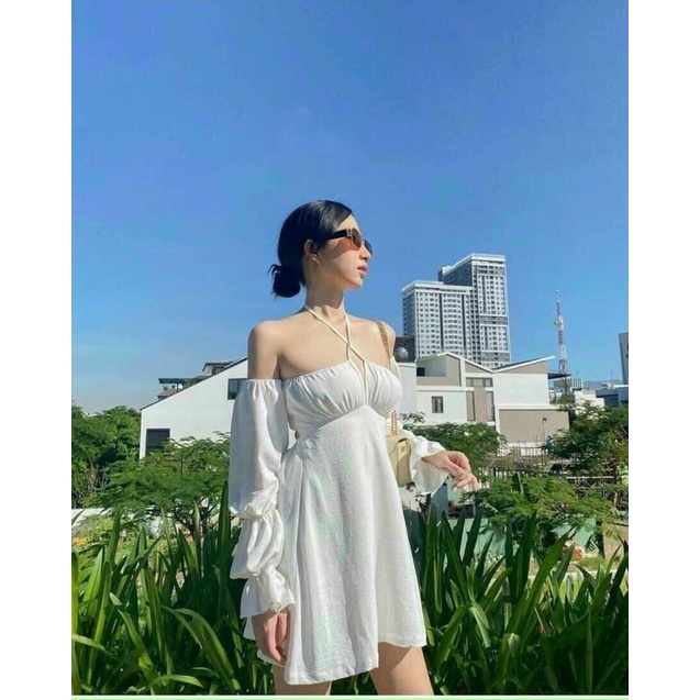 ĐẦM TRẮNG DÂY CHÉO BO CHUN TAY CUT OUT