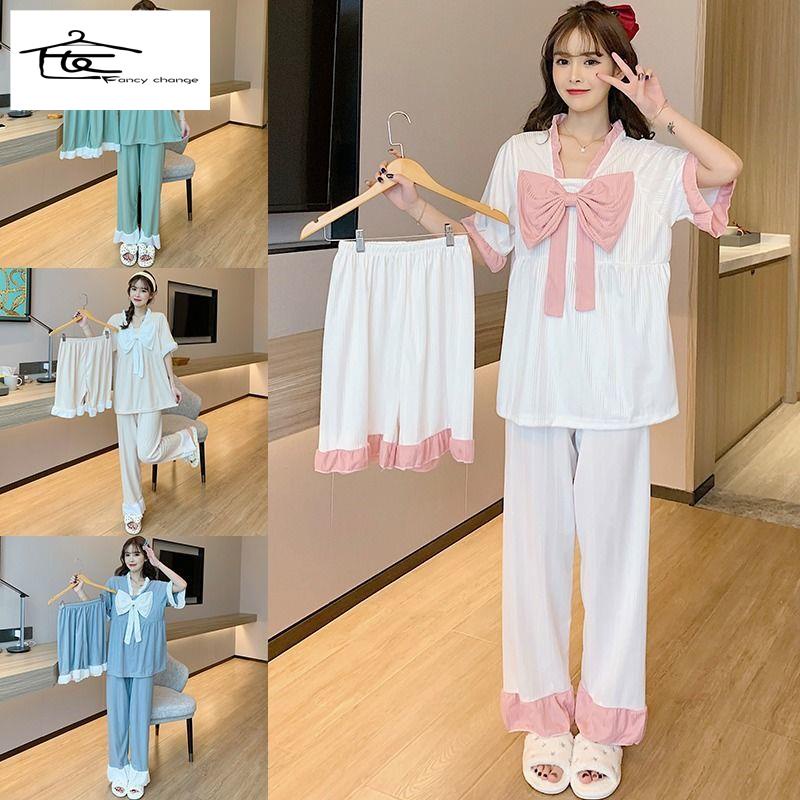 Bộ Đồ Ngủ Pijama Ba Món Dáng Rộng Phong Cách Công Chúa Hàn Quốc Thời Trang Xuân Hè Ngọt Ngào Cho Nữ