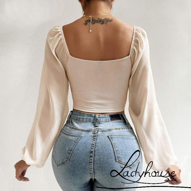 Áo Croptop Dệt Kim Tay Phồng Dài Màu Trơn Cổ Chữ V Phối Dây Rút Thời Trang Cho Nữ