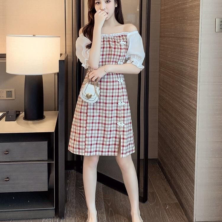 Summer split skirt Plaid cheongsam waist straight French dress | BigBuy360 - bigbuy360.vn