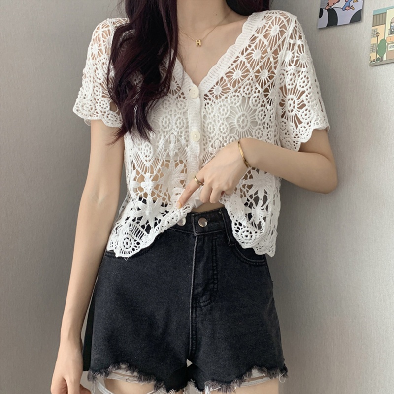 Áo Khoác Cardigan Ngắn Tay Phối Ren Phong Cách Vintage Cho Nữ